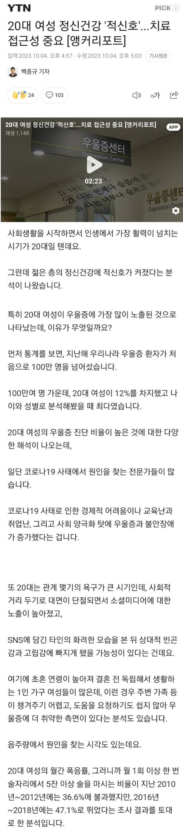 20대 여성 정신건강 적신호